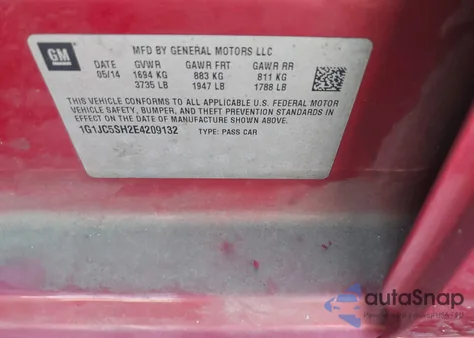 2014 Chevrolet Sonic Lt Auto z USA, uszkodzony, nr VIN 1G1JC5SH2E4209132